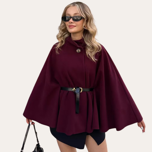 Women's High Neck Belted Cape Coat with Button Closure - Elegant Outerwear for Fall and Winter