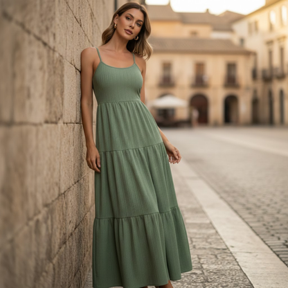 Backless Lace-Up Spaghetti Strap Maxi Dress - A-Line Tiered Ankle-Length Camisole Gown