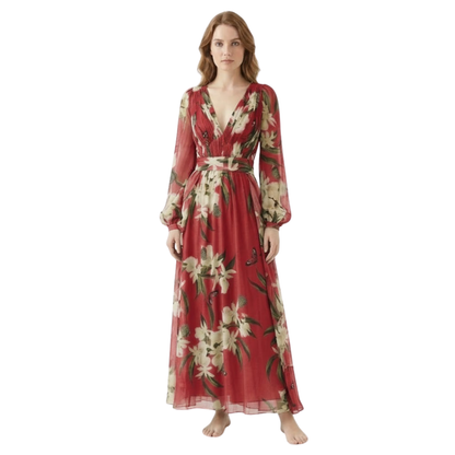 Floral Maxi Dress for Women - Long Sleeve V-Neck High Waist Evening Gown