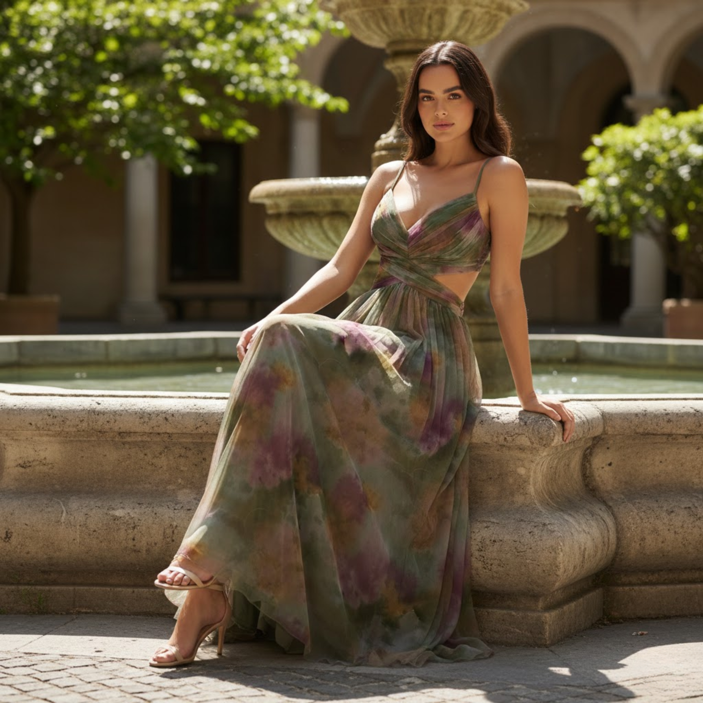 Floral Print V-Neck Cut Out Maxi Dress - Sleeveless Backless Party Gown with Lace-Up Detail