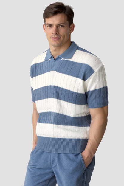 Men's White Stripe Polo Shirt - Casual Short Sleeve Top