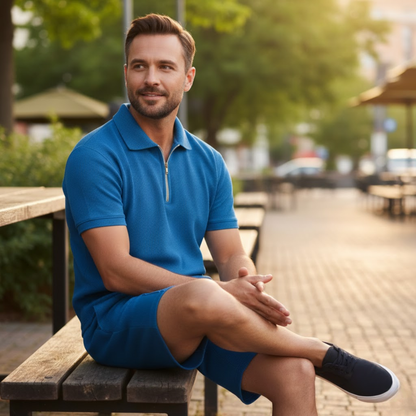 Men's Casual Two-Piece Tracksuit Set - Quarter Zip Polo Shirt and Drawstring Shorts