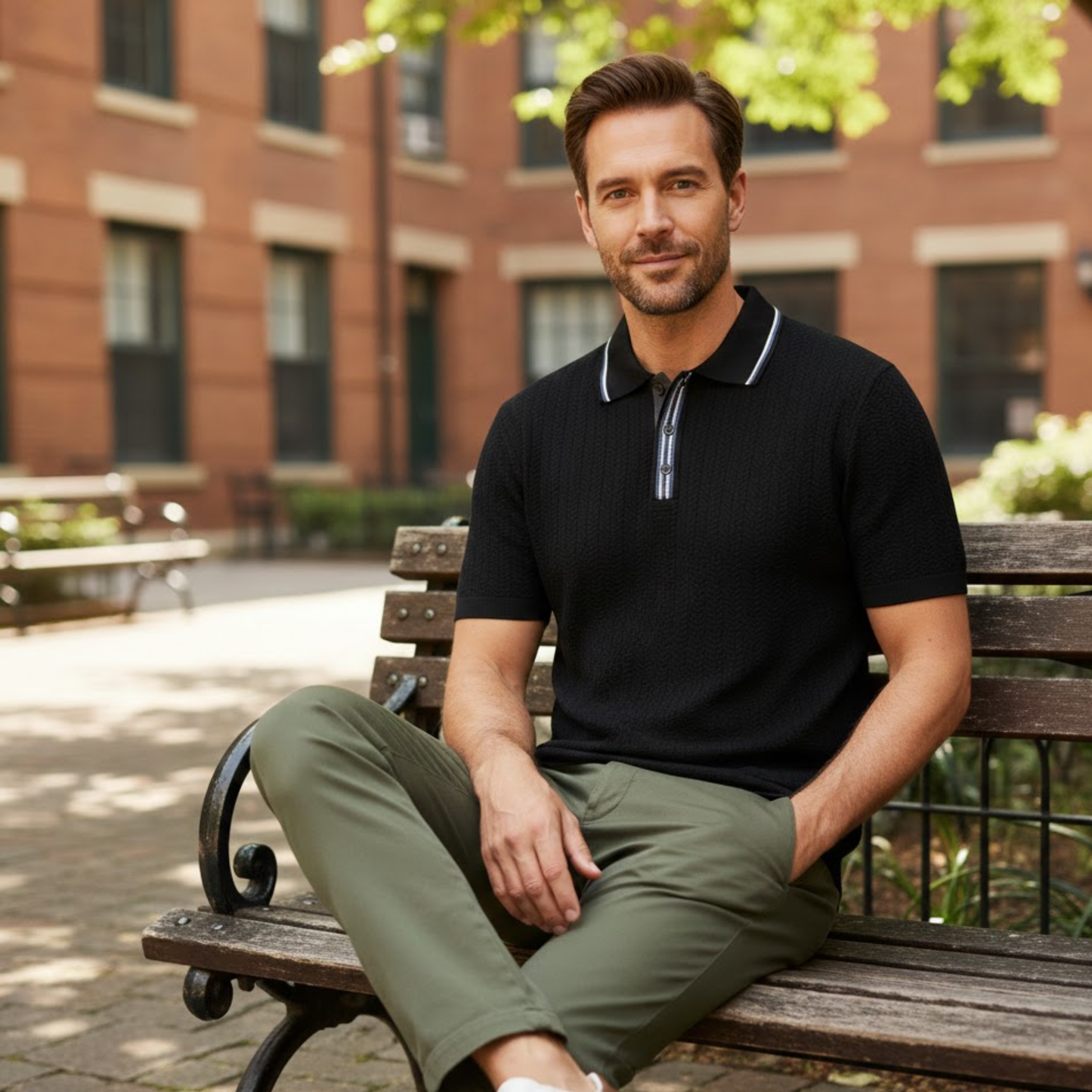 Men's Casual Short Sleeve Knit Polo Shirt - Retro Textured Viscose Button-Down Tee
