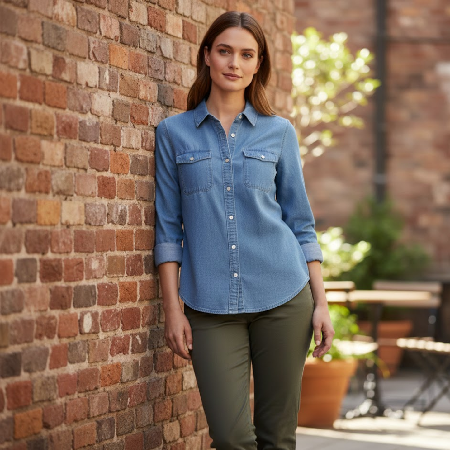 Casual Women's Long Sleeve Denim Shirt with Turn Down Collar - Cotton Blouse
