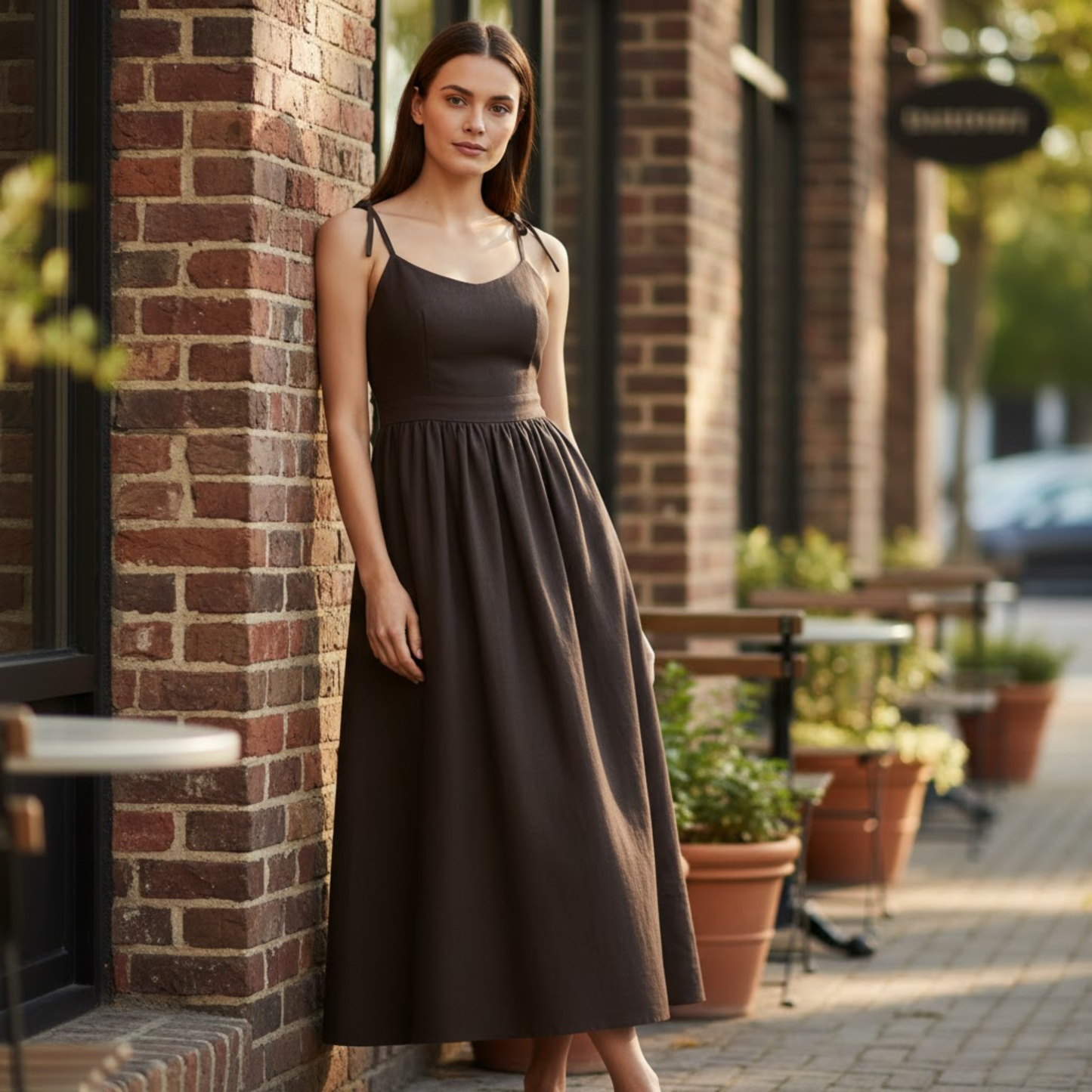Women's Sleeveless V-Neck A-Line Midi Dress with Pockets and Spaghetti Straps for Casual Wear