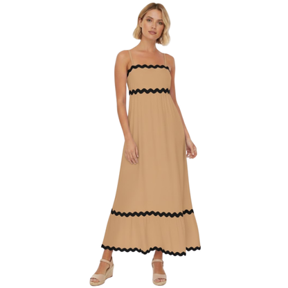 Women's Sleeveless Spaghetti Strap Maxi Dress with Contrast Trim and Ruffle Detail - Long Sundress for Summer