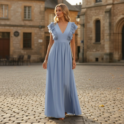 Elegant V-Neck Ankle-Length Maxi Dress with Pleated A-Line Skirt and Flowing Sleeves for Parties