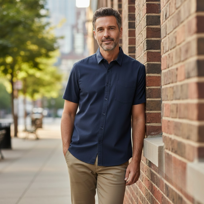 Men's Casual Short Sleeve Linen Shirt with Square Collar - Loose Fit Summer Top