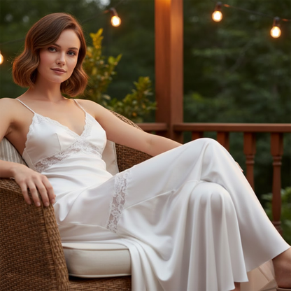 Elegant Satin Maxi Dress with Lace Patchwork, V-Neck, Backless, Sleeveless Fishtail Design
