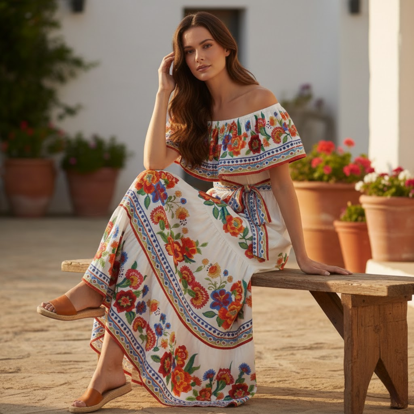 Floral Off-Shoulder Maxi Dress - Ankle-Length A-Line Asymmetrical Gown with Slash Neck