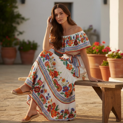 Floral Off-Shoulder Maxi Dress - Ankle-Length A-Line Asymmetrical Gown with Slash Neck