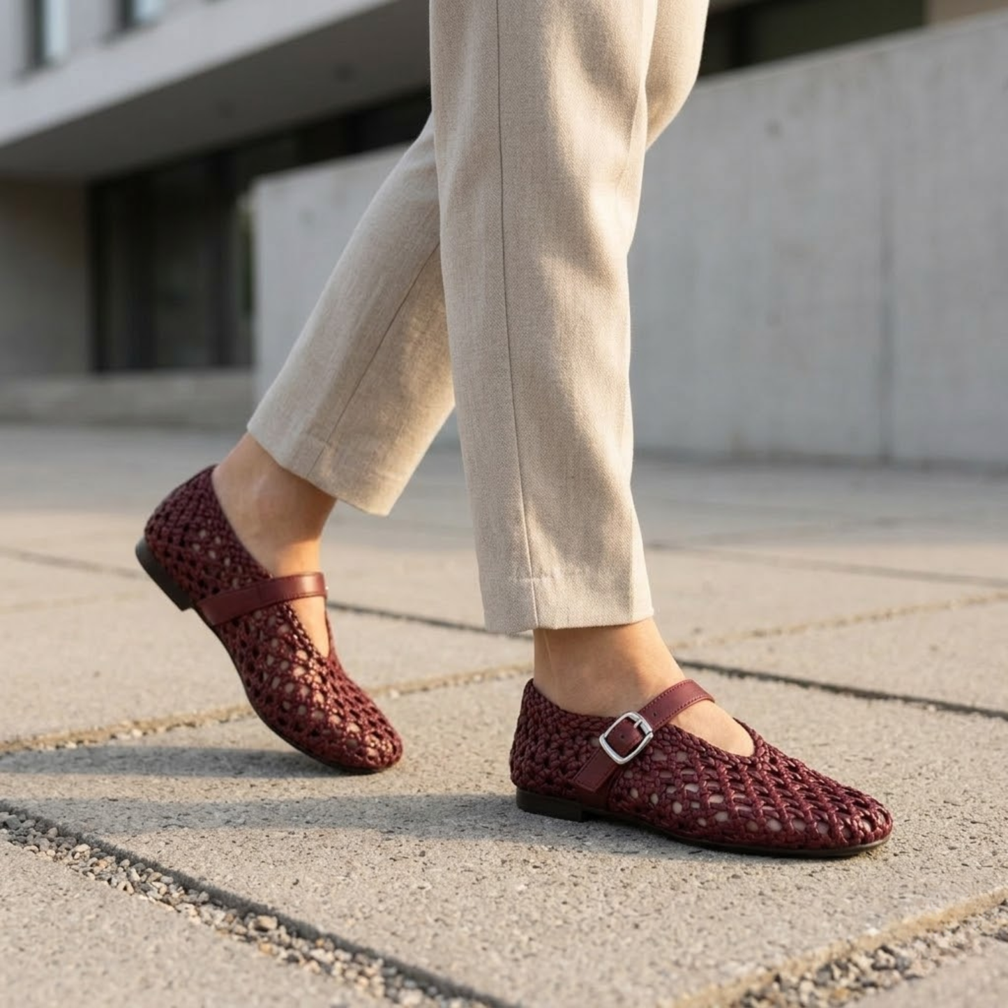 Women's Microfiber Ballet Flats - Woven Hollow Round Toe Sandals with Buckle Strap