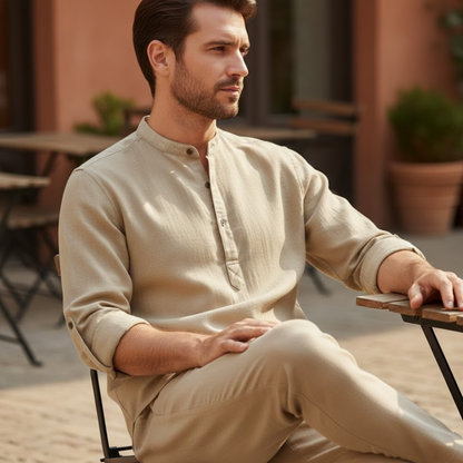 Men's Long Sleeve Cotton Linen Henley Shirt - Breathable Casual Beach Button Top