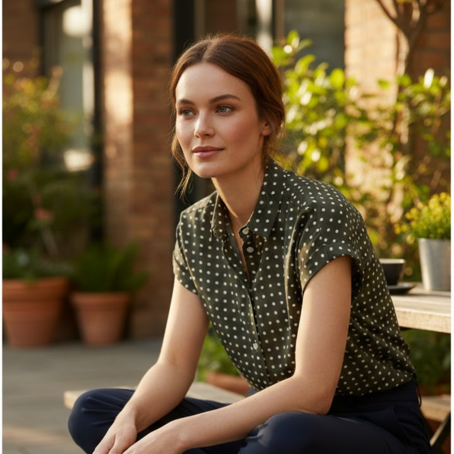 Women's Short Sleeve Polka Dot Blouse - Loose Fit Cotton Linen Shirt with Pleated Collar