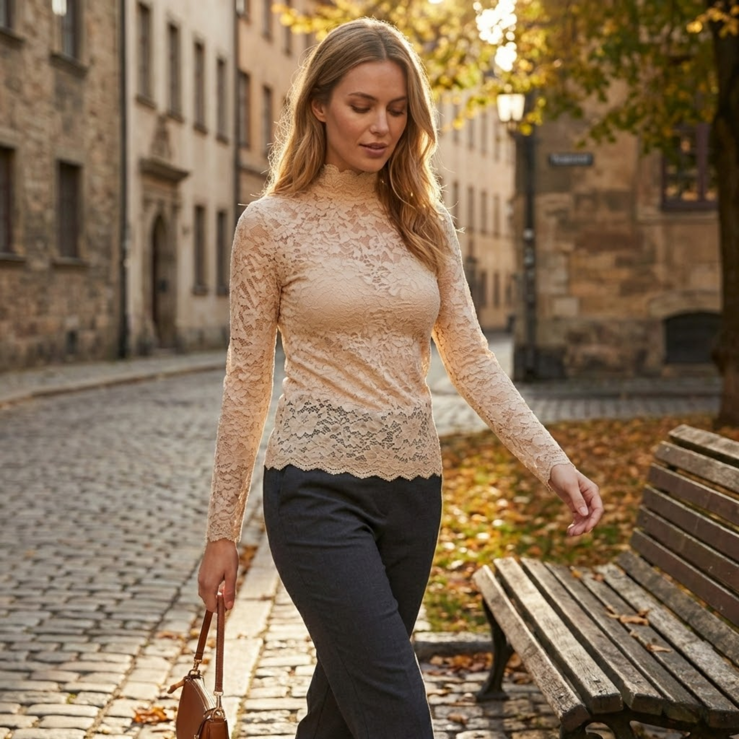 Floral Lace Long Sleeve Turtleneck Top with Petal Sleeves - Women's Knit Mesh Tee