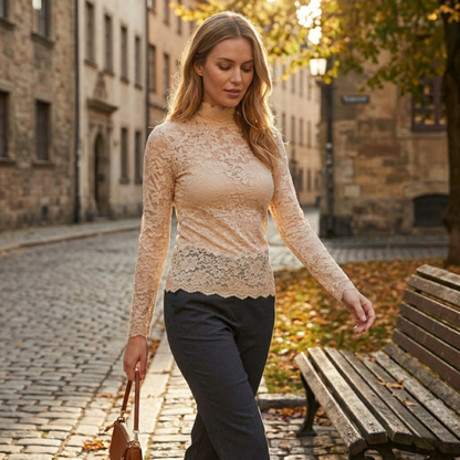 Floral Lace Long Sleeve Turtleneck Top with Petal Sleeves - Women's Knit Mesh Tee