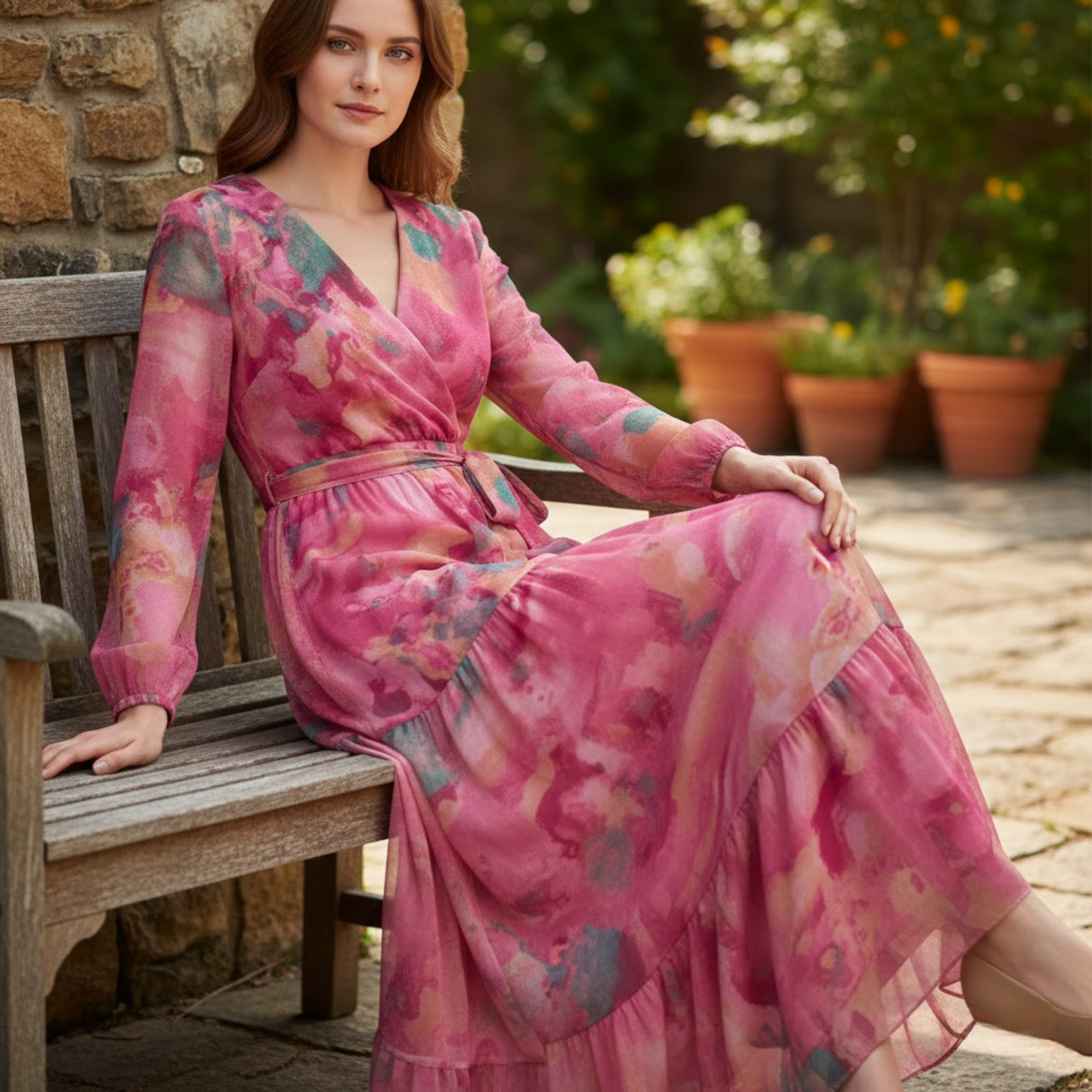 Bohemian Floral V-Neck Maxi Dress with Long Sleeves, Tiered A-Line Design, High Waist and Belted Style