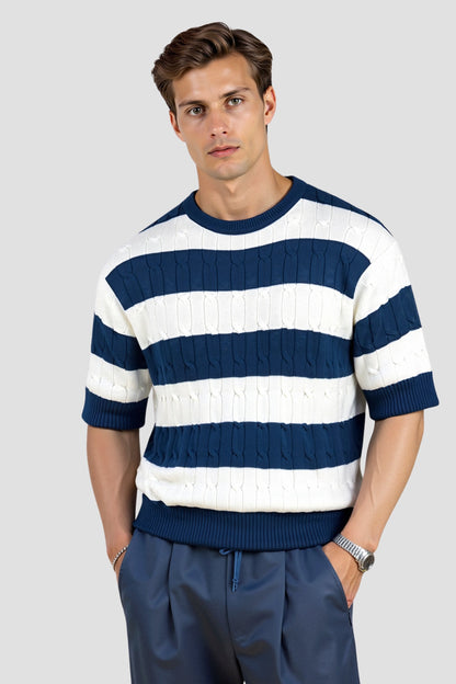 Striped Cable Knit Crew Neck T-Shirt for Men