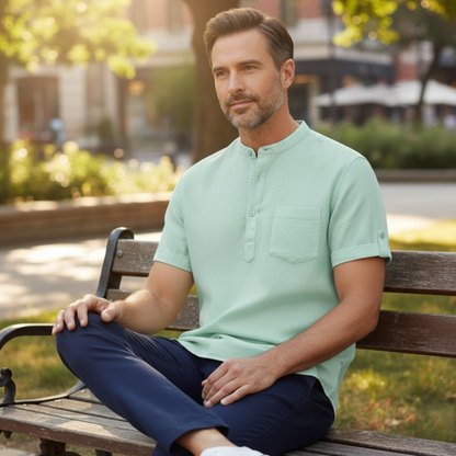 Men's Short Sleeve Cotton Linen Henley Shirt - Breathable Casual Beach Top with Pocket