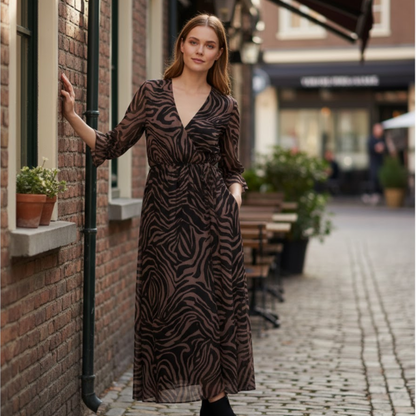 V-Neck Print Midi Dress Short Sleeve Front Split A-Line Wrap Tie Waist Party Gown