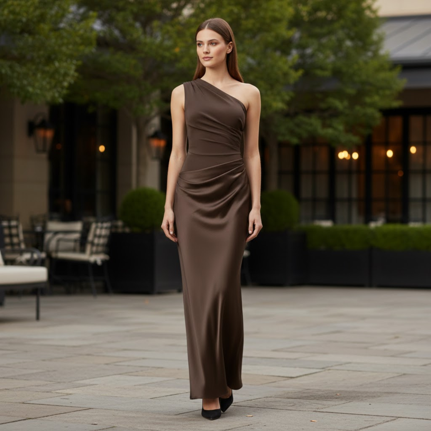 Elegant One-Shoulder Satin Maxi Dress - Sleeveless Patchwork Slim Fit Evening Gown for Parties