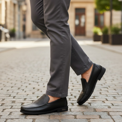 Men's Breathable Leather Slip-On Loafers - Perforated Formal Shoes for Office and Weddings