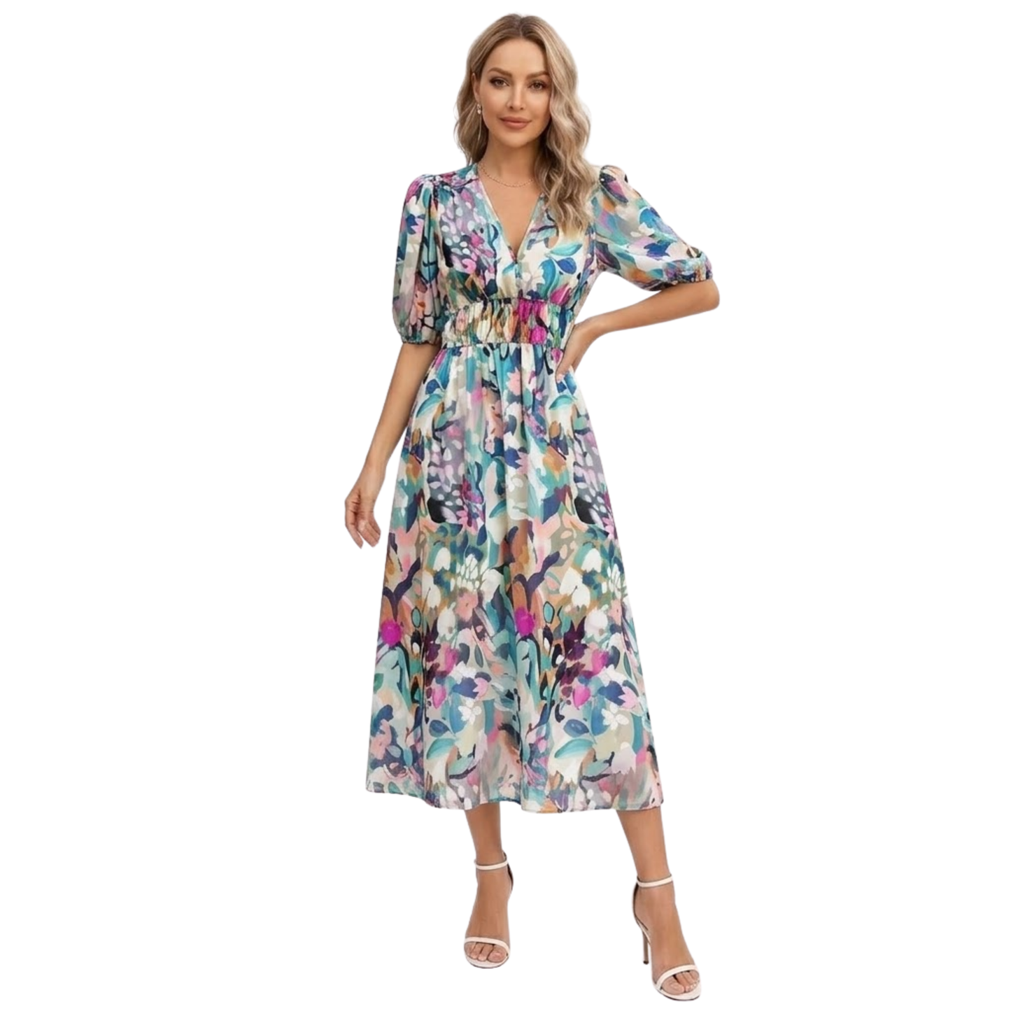 Floral Midi Dress for Women - V-Neck, Short Sleeve, Elastic High Waist, Cotton Blend Chiffon