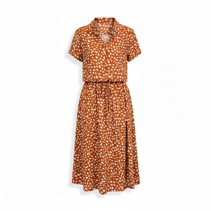 Polka Dot Short Sleeve Shirt Dress with Turn Down Collar and Coordinating Waistband