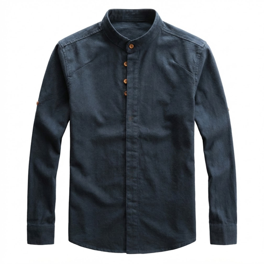 Men's Slim Fit Long Sleeve Cotton Linen Shirt with Stand Collar - Casual Button Down Top