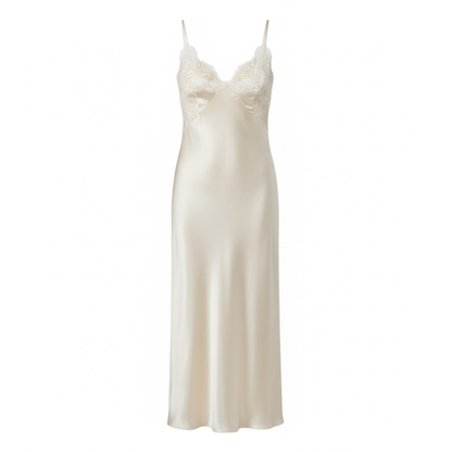 Elegant Satin V-Neck Maxi Slip Dress with Lace Patchwork and Sleeveless Backless Style