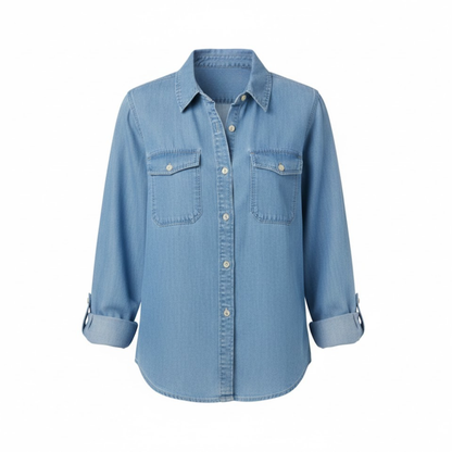 Casual Women's Long Sleeve Denim Shirt with Turn Down Collar - Cotton Blouse