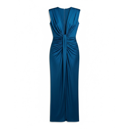 Elegant V-Neck Sleeveless Maxi Dress with Pleats, High Slit, and Ruched Bodice for Formal Occasions