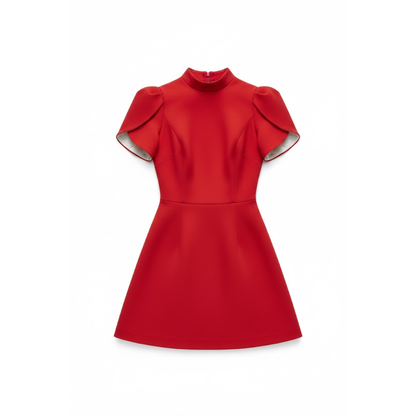 Women's A-Line Mini Dress with Short Puff Sleeves and Bow Detail at Empire Waist