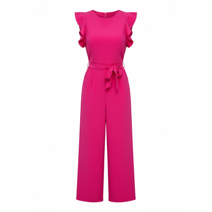 Women's High Waist Ankle-Length Jumpsuit with Flutter Sleeves and Sash - Wide Leg Romper