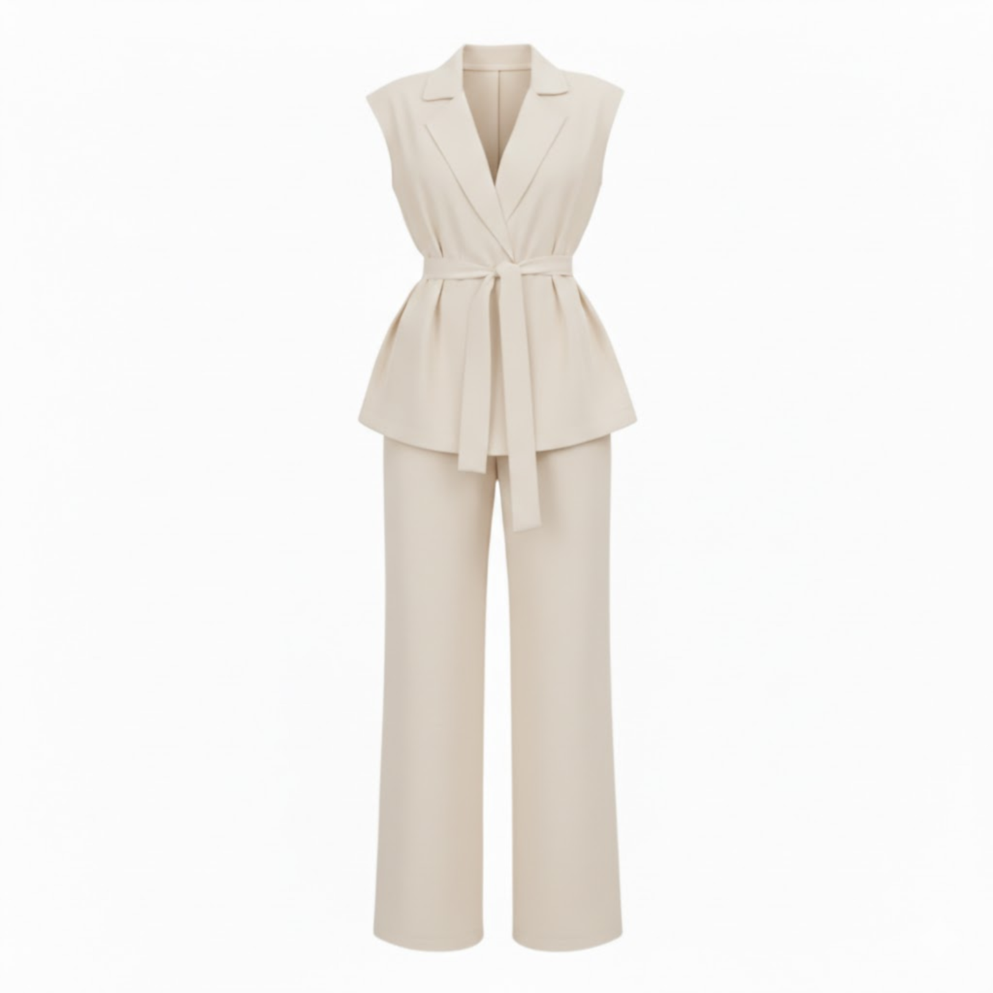 Women's Sleeveless Vest and Wide Leg Pants Outfit with Turn Down Collar and Adjustable Tie Waist Belt