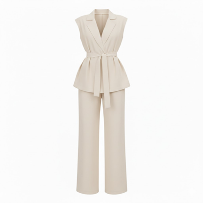 Women's Sleeveless Vest and Wide Leg Pants Outfit with Turn Down Collar and Adjustable Tie Waist Belt