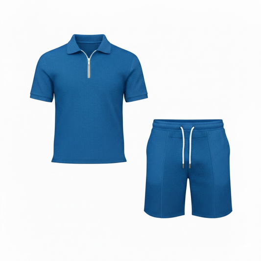 Men's Casual Two-Piece Tracksuit Set - Quarter Zip Polo Shirt and Drawstring Shorts