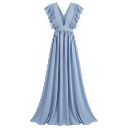 Elegant V-Neck Ankle-Length Maxi Dress with Pleated A-Line Skirt and Flowing Sleeves for Parties