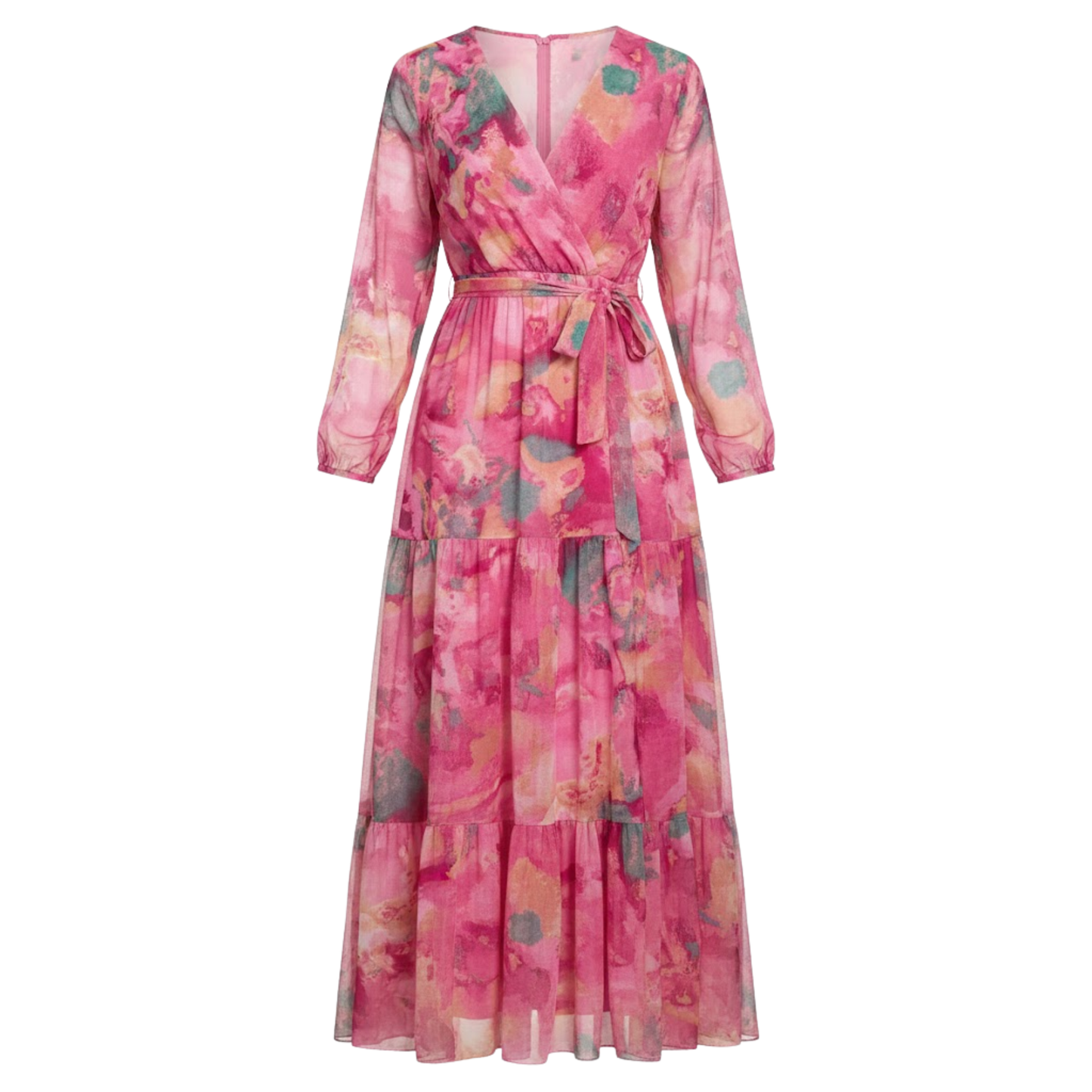Bohemian Floral V-Neck Maxi Dress with Long Sleeves, Tiered A-Line Design, High Waist and Belted Style