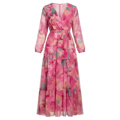 Bohemian Floral V-Neck Maxi Dress with Long Sleeves, Tiered A-Line Design, High Waist and Belted Style
