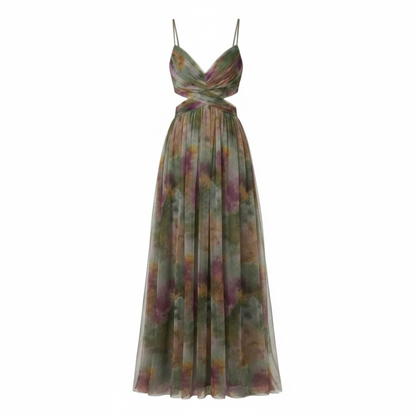 Floral Print V-Neck Cut Out Maxi Dress - Sleeveless Backless Party Gown with Lace-Up Detail