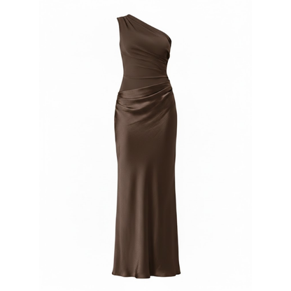 Elegant One-Shoulder Satin Maxi Dress - Sleeveless Patchwork Slim Fit Evening Gown for Parties