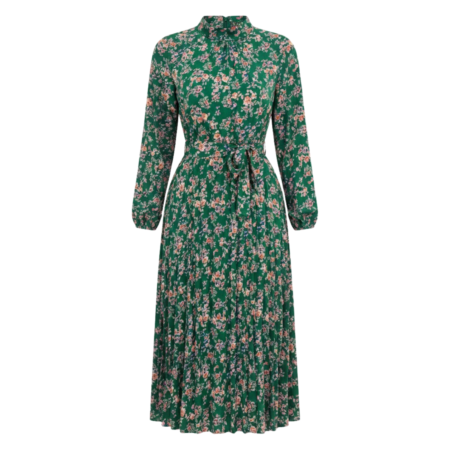 Floral Pleated A-Line Midi Dress with Long Sleeves, Stand Collar, and Waist Sash