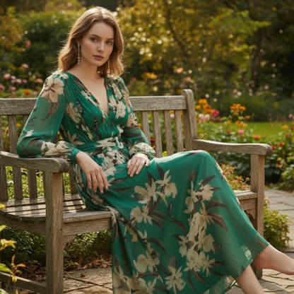 Floral Maxi Dress for Women - Long Sleeve V-Neck High Waist Evening Gown