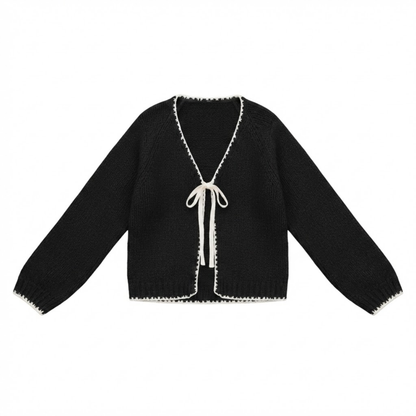 Women's Long Sleeve Knit Cardigan with Tie Front and V-Neck - Loose Fit Bow Sweater Outerwear