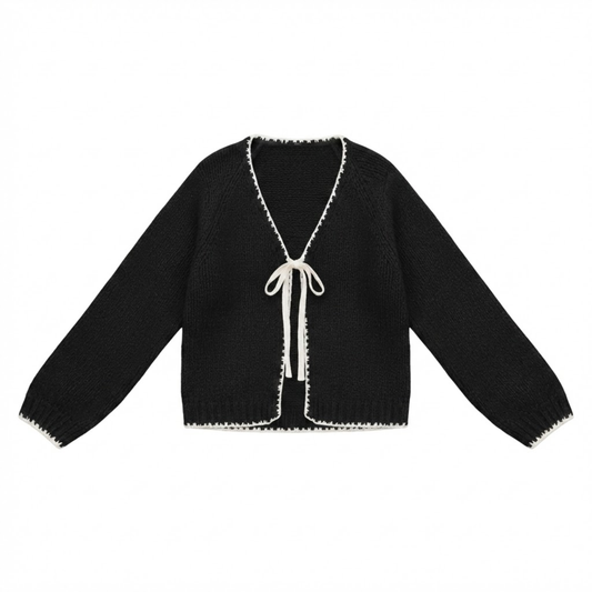 Women's Long Sleeve Knit Cardigan with Tie Front and V-Neck - Loose Fit Bow Sweater Outerwear