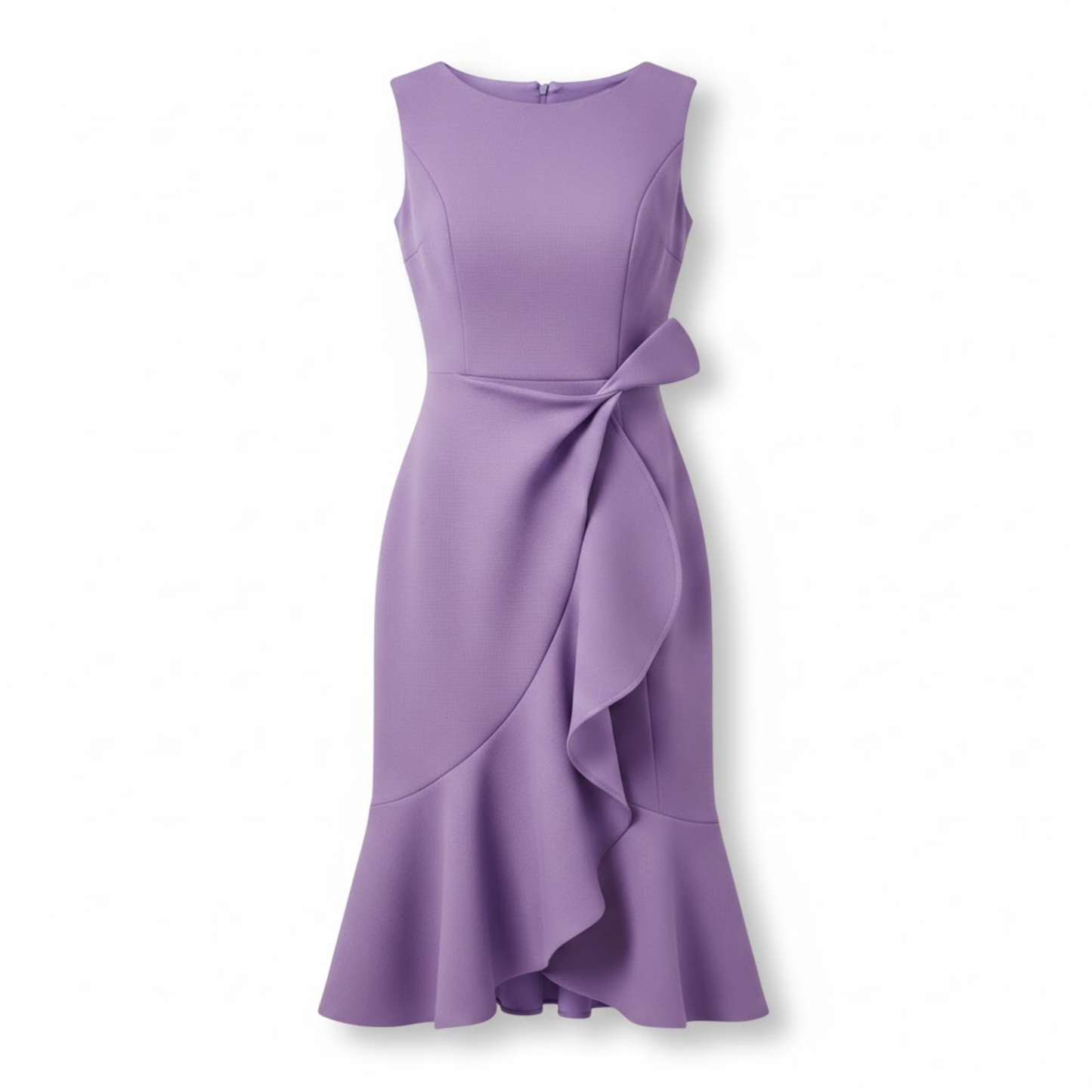 Women's Sleeveless Cotton Blend Midi Dress with Asymmetrical Ruffle and Mermaid Fit