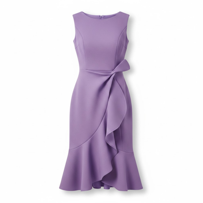 Women's Sleeveless Cotton Blend Midi Dress with Asymmetrical Ruffle and Mermaid Fit