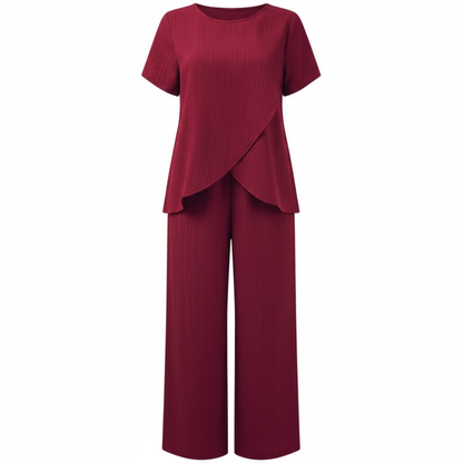 Women's Casual Two-Piece Set with Asymmetrical Split Top and Wide Leg Pants