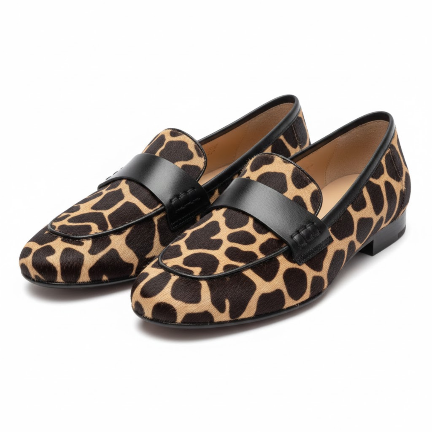 Women's Giraffe Print Goat Leather Slip-On Round Toe Loafers with Flat Sole